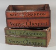 TWO WOODEN TWO HANDLED CHAMPAGNE CRATES.