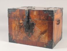 A GOOD 18TH CENTURY BRASS BOUND WALNUT BOX with iron banding and handles. 15ins wide x 12 ins deep x