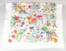 A GUCCI SILK SCARF flowers and insects. 84cm x 86cm.