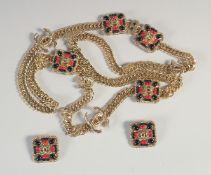 A LONG CHANEL GILDED CHAIN with enamel badges, 40cm long and A PAIR OF MATCHING EARRINGS.