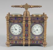 A GOOD DOUBLE CLOISONNE ENAMEL CLOCK AND BAROMETER COMBINED. 5ins wide.