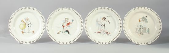 A SET OF FOUR MINTON PLATES PAINTED DECORATION BY ANTONIN BOULLEMIER, each with pierced borders, the