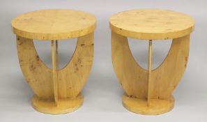 A PAIR OF ART DECO STYLE CIRCULAR TABLES. 1ft 11ins x 2ft 1ins.
