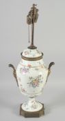A GOOD LARGE MEISSEN PORCELAIN LAMP painted with flowers with gilt metal mounts.