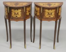 A PAIR OF FRENCH STYLE MARQUERTY DEMI-LUNE THREE DRAWER TABLES. 1ft 6ins wide x 10ins deep x 2ft