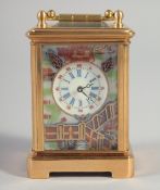 A MINIATURE BRASS IMARI PATTERN CARRIAGE CLOCK.2.25ins.