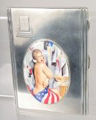 A GOOD LARGE HEAVY ENGINE TURNED CIGARETTE CASE with and oval enamel of a glamour nude and