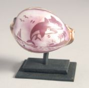 A COWRIE SHELL ON A STAND, engraved with dolphins. 2ins x 2.5ins.