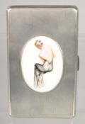 A GOOD LARGE HEAVY ENGINE TURNED CIGARETTE CASE with and oval enamel of a glamour girl. 5.5ins x