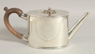 A GOOD GEORGE III SILVER OVAL DRUM TEA POT AND COVER with engraved decoration and crest. London
