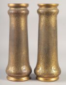 A SUPERB PAIR OF VAL ST. LAMBERT - GALVAND PLASTIE METAL AND ENAMAL VASES. 13ins.