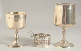 TWO SILVER GOBLETS AND A CUP HOLDER
