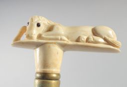 A WALKING STICK with carved bone horse handle.