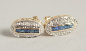 A GOOD PAIR OF GOLD SAPPHIRE AND DIAMOND DECO STYLE EARRINGS.