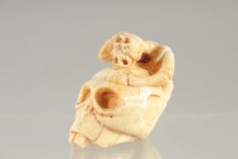 A CARVED BONE SKULL NETSUKE.