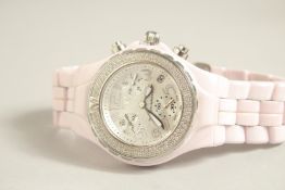 A GOOD TECHNOMARINE WRIST WATCH, pink enamel face and strap, 9ct of full cut diamonds. No.