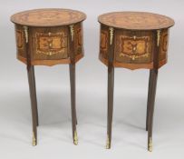A PAIR OF FRENCH STYLE MARQUERTY DEMI-LUNE THREE DRAWER TABLES. 1ft 4ins wide x 12ins deep x 2ft