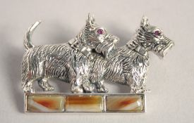 A SILVER AGATE AND RUBY EYE SCOTTIE DOG BROOCH.