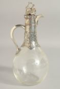 A GOOD VICTORIAN GLASS AND SILVER CLARET JUG by GEORGE FOX with fruiting vine stopper. London 1855.