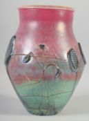 JEAN CLAUDE NOVARO (FRENCH) 1943 - 2014. A GLASS VASE with blue flowers in relief. Signed on base,