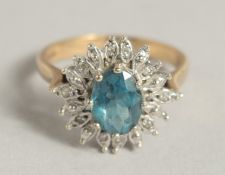 A 9CT GOLD SAPPHIRE AND DIAMOND CLUSTER RING.