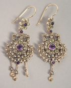 A GOOD PAIR OF 9CT GOLD AMETHYST, PERIDOT AND PEARL DROP EARRINGS.