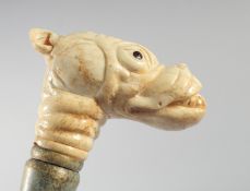 A WALKING STICK with carved bone dog handle.