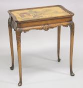 A SMALL WALNUT AND CHINNOISERIE DECORATED OCCASIONAL TABLE. 2ft long x 1ft 3.75ins wide x 2ft 3.5ins