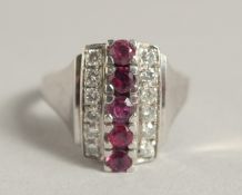 A GOOD 18CT WHITE GOLD RUBY AND DIAMOND COCKTAIL RING, 1940's vintage.