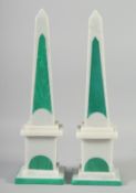 A PAIR OF MALACHITE OBELISKS on square bases. 17ins high.