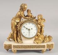 A GOOD 18TH CENTURY FRENCH GILT BRONZE AND MARBLE CLOCK, Le Lafons, Royal Exchange with white enamel