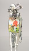 A SILVER PLATED AND ENAMEL GOLF BAG VESTA. 2.75ins long.