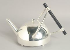 A LARGE CHRISTOPHER DRESSER DESIGN SILVER PLATED CIRCULAR TEA POT.