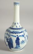 A CHINESE QING DYNASTY BLUE AND WHITE PORCELAIN BOTTLE VASE, decorated with figures in a garden,