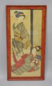 A JAPANESE PAINTING ON SILK OF TWO GEISHA GIRLS - one seated and one stood aside a screen with