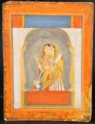 A 19TH CENTURY INDIAN MINIATURE PAINTING OF TWO LADIES, unframed, 32.5cm x 24cm.