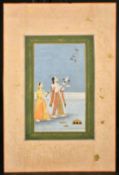 A FINE 19TH CENTURY INDIAN MINIATURE PAINTING OF TWO LADIES ON A TERRACE, unframed, 35cm x 22cm.