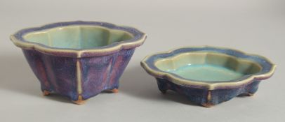 A CHINESE JUN WARE FLOWER POT AND STAND, pot and stand 16.5cm wide.