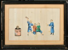 THREE CHINESE PITH PAINTINGS OF FIGURES, each framed and glazed, pair images 20cm x 32cm, and