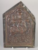 A 19TH CENTURY SOUTH INDIAN EMBOSSED BRASS PLAQUE, with figure on horseback, 18.5cm x 13cm.