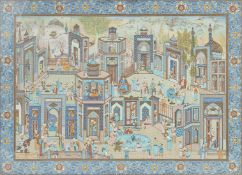 A FINE AND LARGE PERSIAN ISFAHAN PAINTING BY MU'ADHITI, signed, depicting scenes of city life with a