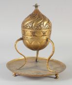 A VERY FINE 18TH-19TH CENTURY OTTOMAN TURKISH GILDED COPPER TOMBAK INCENSE BURNER, with hinged