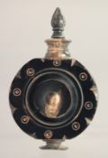 AN UNUSUAL HORN STYLE SNUFF BOTTLE & STOPPER, 3in high overall.