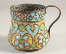 AN ENAMELLED COPPER CUP, 11cm high.
