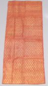 A FINE 18TH-19TH CENTURY MUGHAL INDIAN GOLD THREAD EMBROIDERED VELVET BROCADE, 158cm x 64cm.