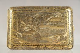 A FINE JAPANESE KOMAI DAMASCENE CIGARETTE CASE, decorated with a panel of a landscape scene, the re