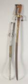 A 19TH CENTURY MOROCCAN RHINO HORN HANDLE SWORD, with gold inlaid steel crossguard and curving