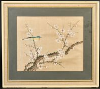 A CHINESE PAINTING ON SILK, depicting a bird on a prunus tree, framed and glazed, image 27cm x