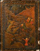 A RARE 17TH-18TH CENTURY PERSIAN SAFAVID LACQUERED BOOK BINDING, with embossed decoration, 30.5cm