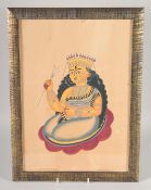A KALIGHAT SCHOOL, WEST BENGAL, INDIAN PAINTING OF DURGA with a trishul seated on a flower, framed